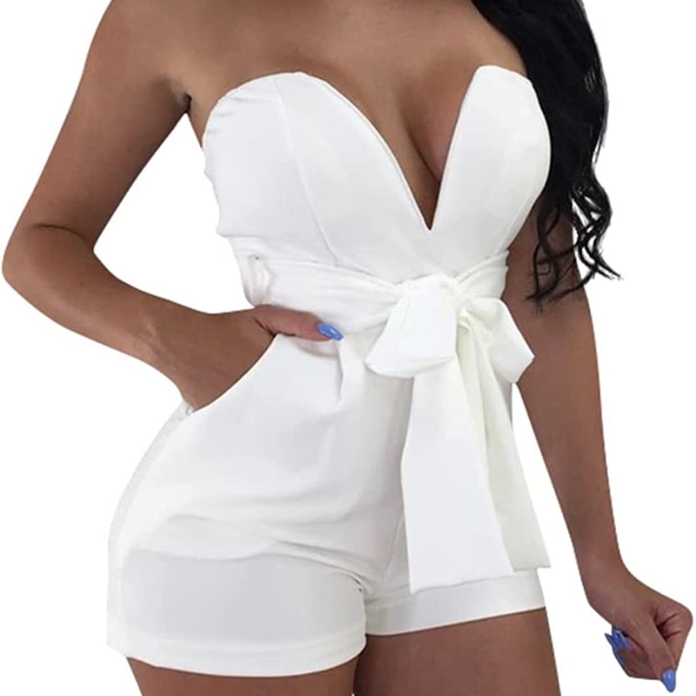 White Deep V Strapless Romper
